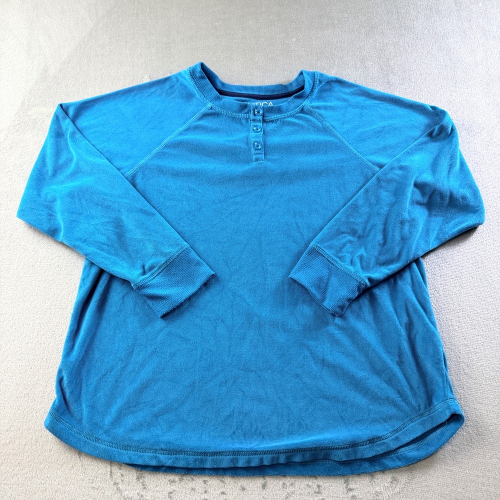 Nautica Blue Fleece Henley Long Sleeve Shirt Men's Medium